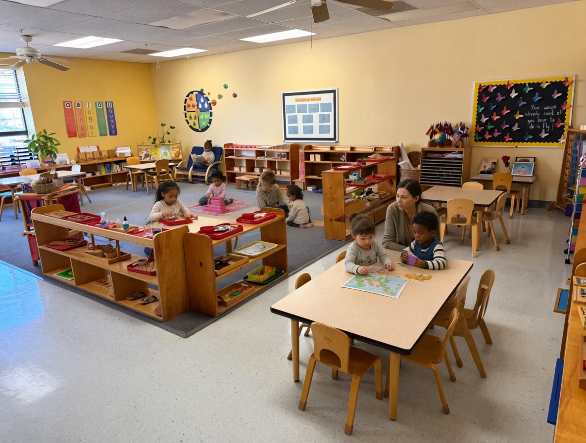 Niños trabajando en un salón de preescolar con su maestra