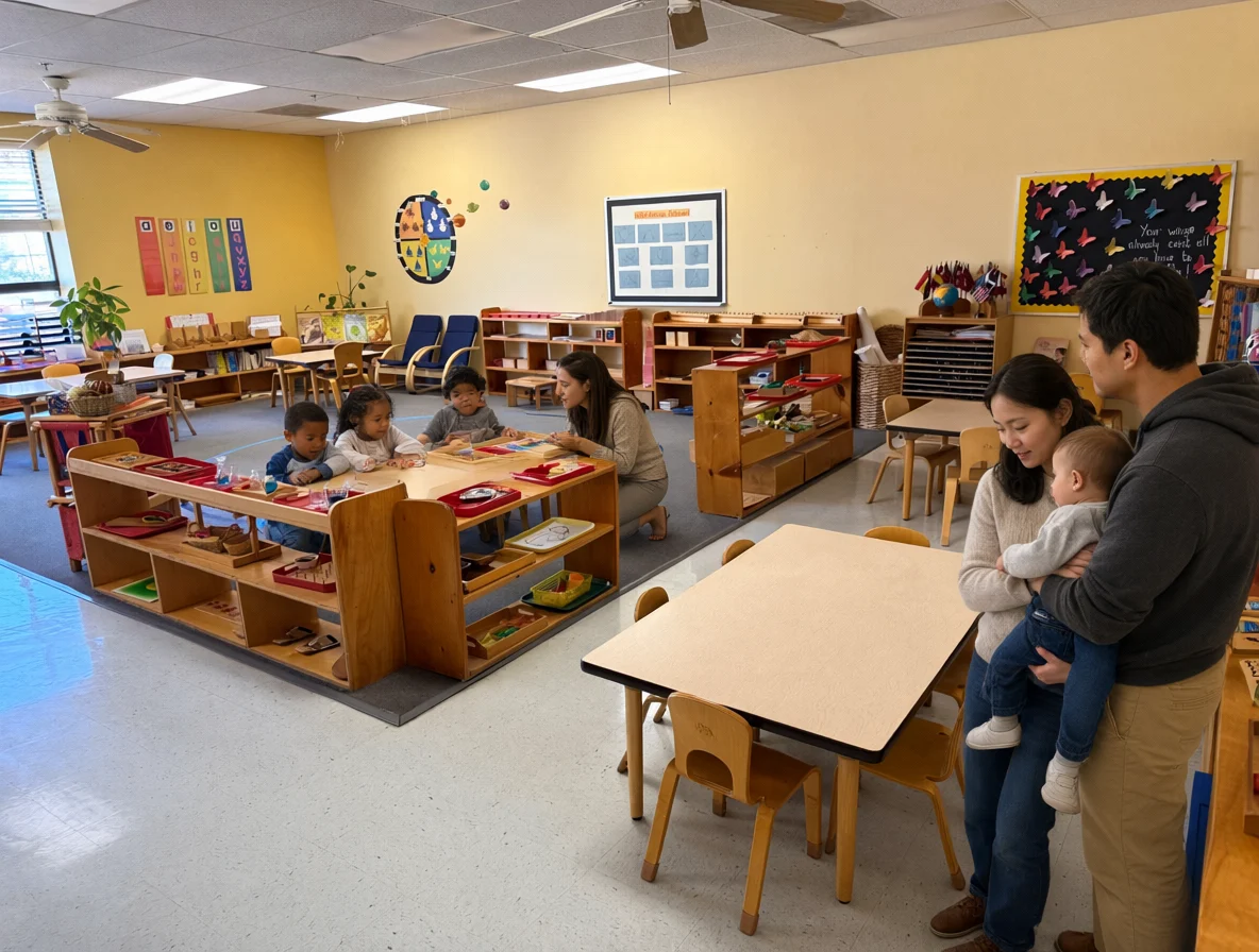 A family with a baby watching an Early Childhood class at work