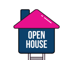 Illustration of blue house with pink roof advertising Open House