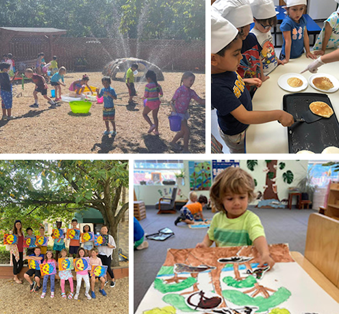 Collage showing children enjoying summer program activities - Clockwise - Children playing in sprinklers outdoors, children cooking pancakes on electric griddle, group photo, child placing animal stickers on jungle background.